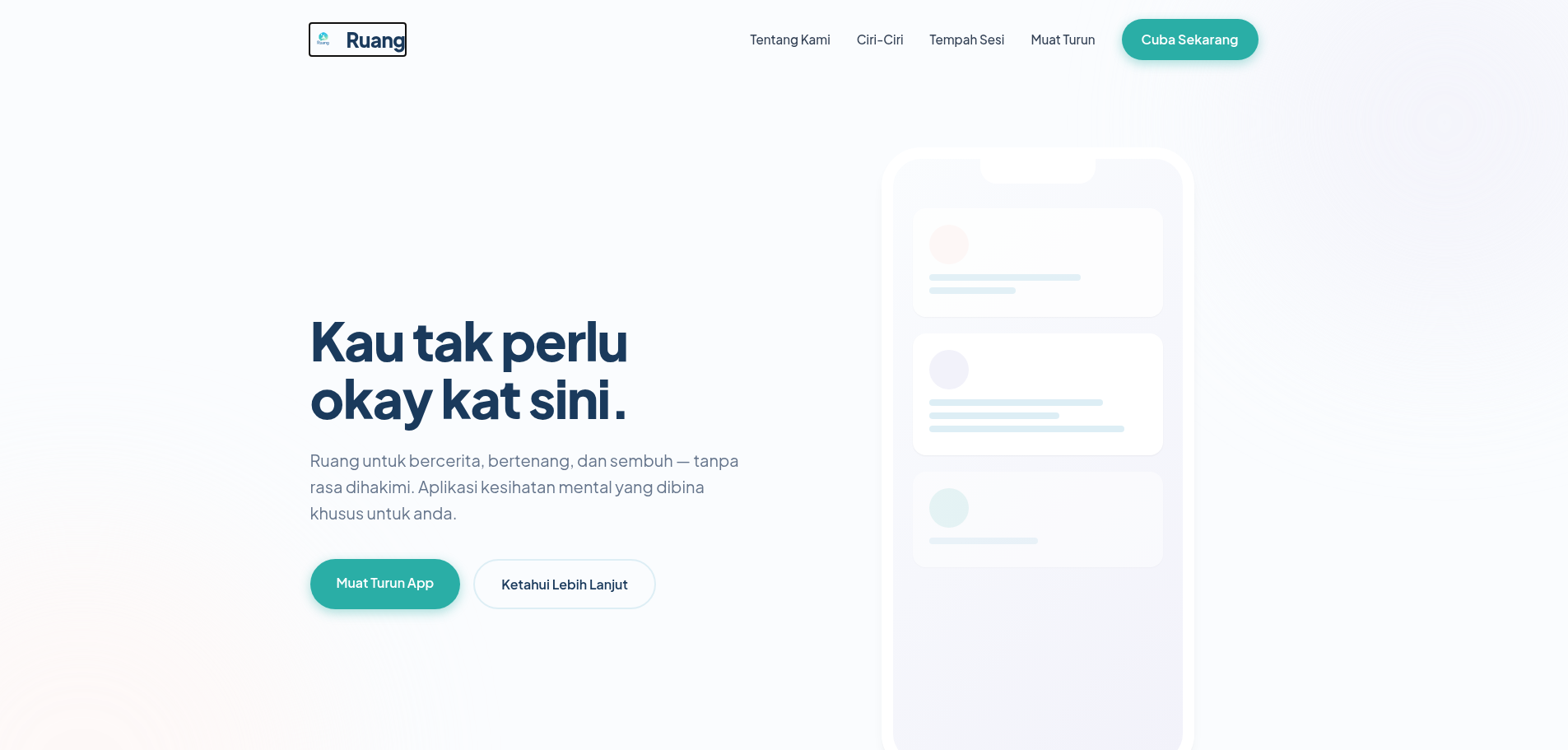 Ruang mental wellness app landing page